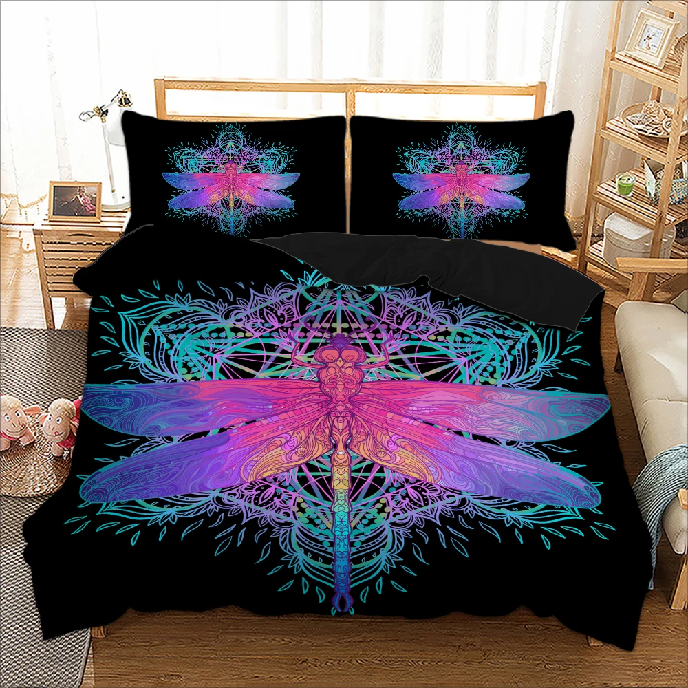 

3D Dragonfly Bedding Set Insect Animal Print Duvet Cover pillowcase Purple Pink Bedclothes Colorful Home Textiles Drop Ship