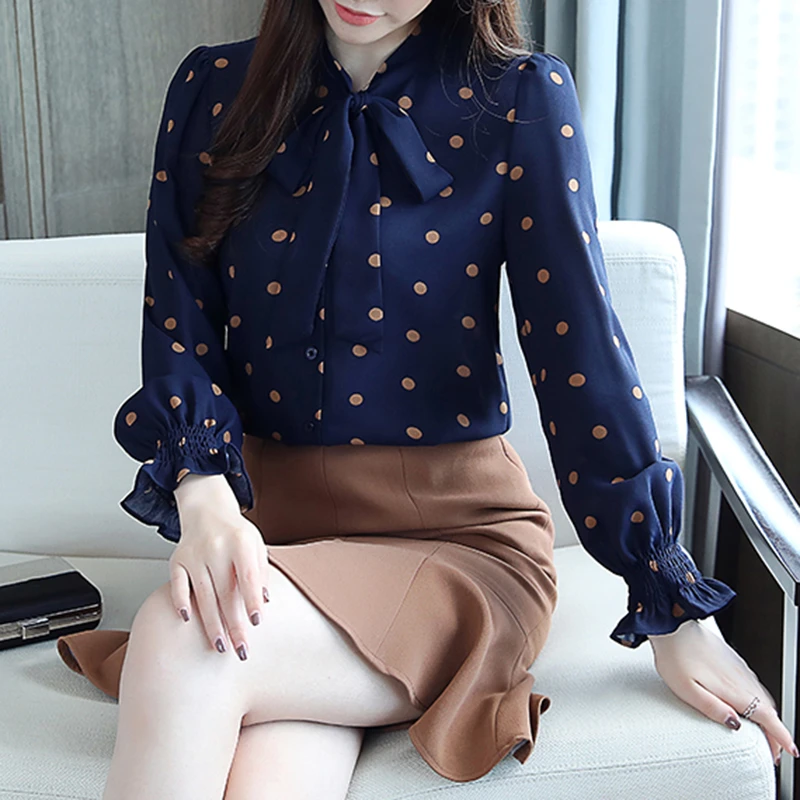 iQKA Womens Elegant Long Sleeve Dot Print Korean Shirt Plus Size Casual Loose Tops Blouse