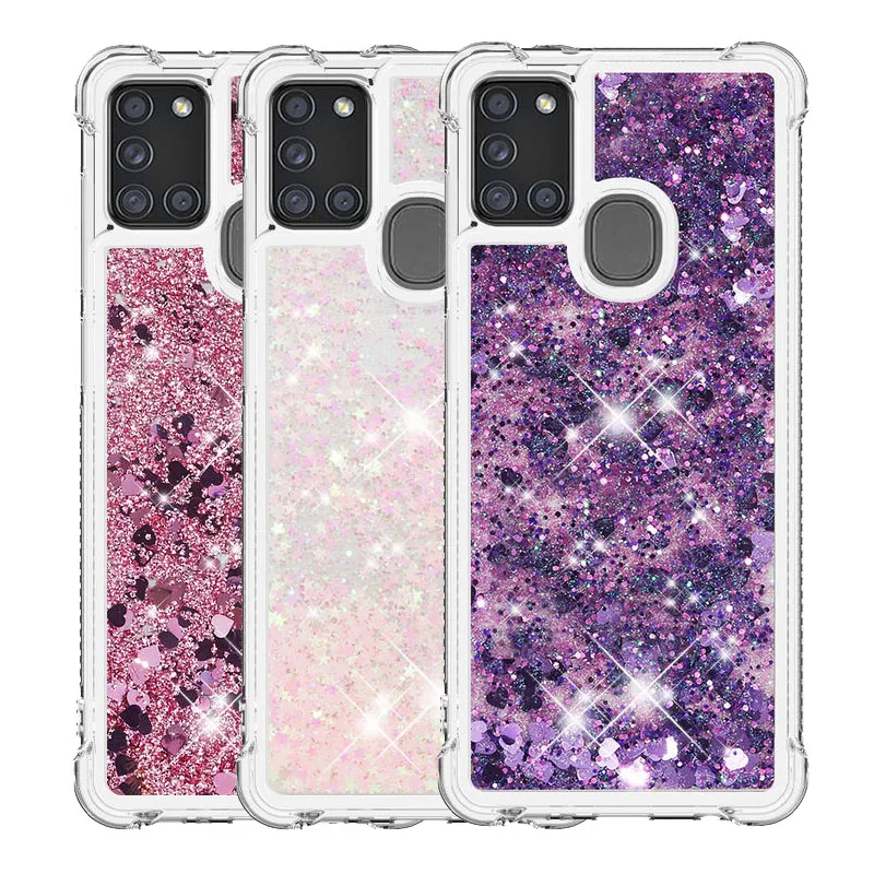 

For SamSung A21S Case liquid quicksand Glitter Love heart Silicone shockproof Back Cover For SamSung A21S A217 Phone Cases