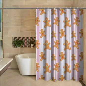 

Gingerbread Man Waterproof and colorful shower curtain Kids Pattern with Pastel Colored Striped Backdrop Cute Bakery Xmas