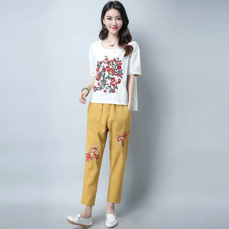 

2019 Summer Wear New Style Large Size Dress Embroidered Ethnic Literature And Art Retro Casual Cotton Linen WOMEN'S Suit