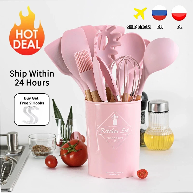 9/10/12PCS Silicone Cooking Utensils Set Non stick Spatula Shovel Wooden Handle Cooking Tools Set With Storage Box Kitchen Tools|Cooking Tool Sets|…