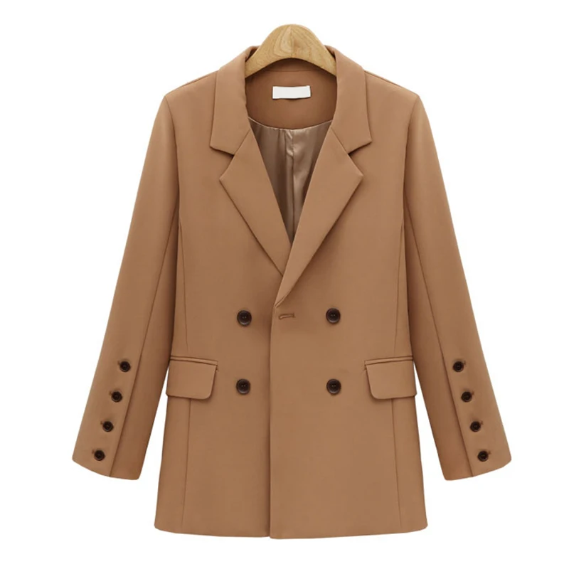 

2020 Ladies Fall/winter Casual Suit Jacket Solid Color Loose Mid-length Ladies Double-breasted Notch Female Jacket