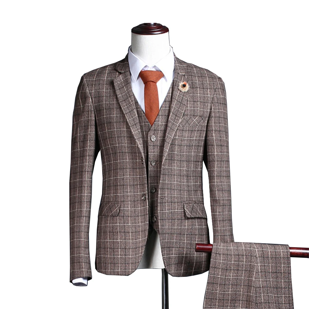 3 Pieces Suit Mens Plaid Wedding Suits Groom Tweed Wool Brown Tuxedos For (Blazer+Pants+Vest+Tie) | Мужская одежда