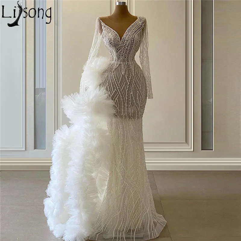 Beads Illusion Saudi Arabia Evening Gown With Detachable Train 2020 Full Sleeves Dubai Two Pieces Prom Dresses Celebrity Dresses