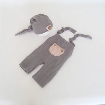 

Gray Baby Boy Romper Full Set Sewing Newborn Sleepiong Hat And Romper Outfit Photgraphy Props