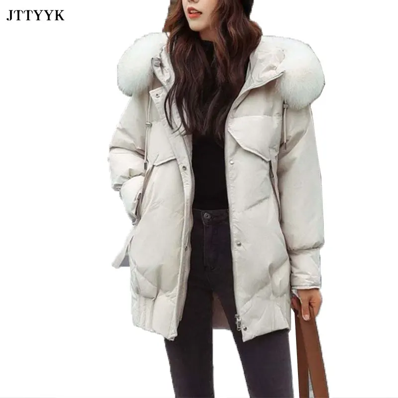 

2020 Winter New Parker Down jacket Women's Mid-length Hooded Natural Fox Fur Collar Loose Coat Women's Casual Thick Warm Jackets