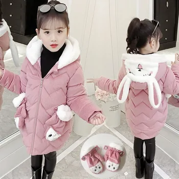 

Winter Cute Rabbit Baby Girls Jacket Thick Cotton-Padded Baby Outerwear With Gloves Children Girls Parka Toddler Kids Snow Wear