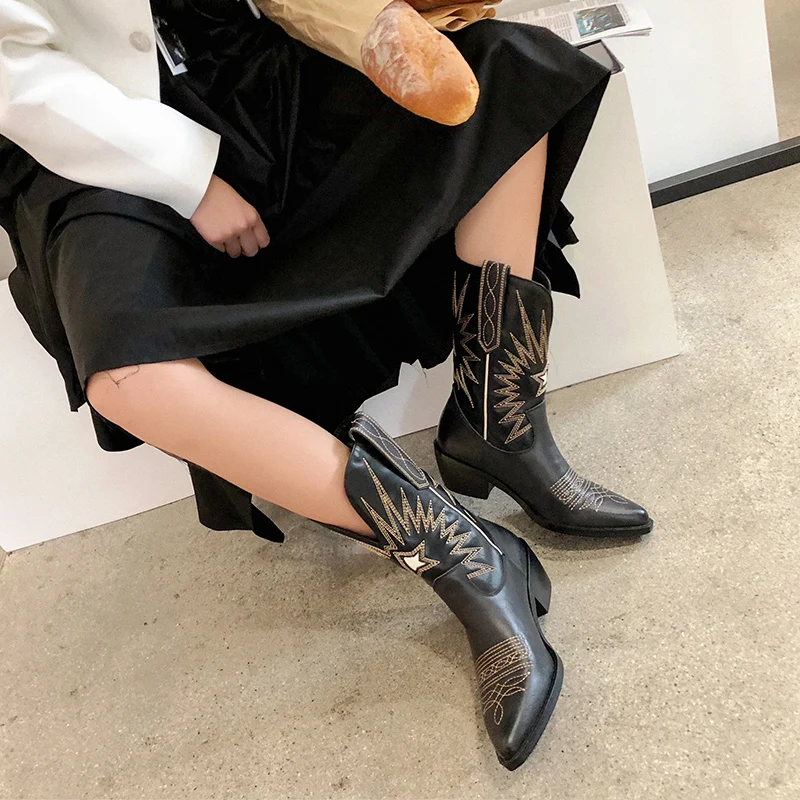 

Zapatos De Mujer New Cowboy Boots Women Sewing Designer Western Bottes Femme Slip On Mid-calf Buckle Botas Ladies Wedges Shoes