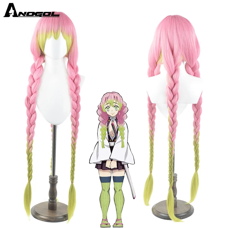 ANOGOL Synthetic Kanroji Mitsuri Cosplay Wigs Anime Demon Slayer Costume Role Play Party Lolita Pink Mix Green Long Braids Wig demon slayer anime katana umbrella sunshade long handle parasol umbrellas kimetsu no yaiba kyoujurou windproof sword rain gear