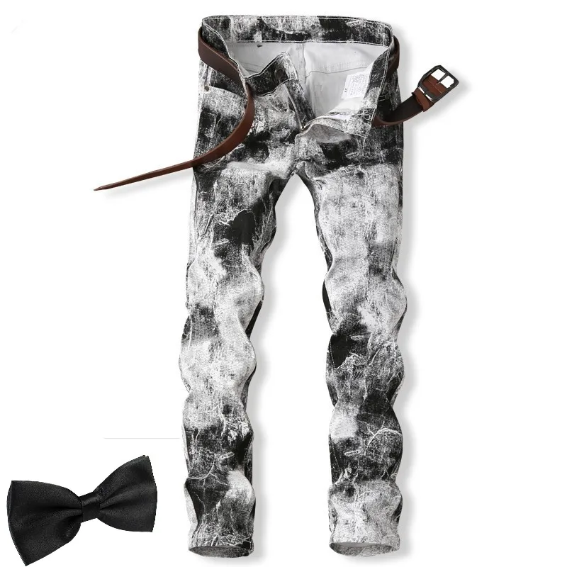 Xmas Gift 2019 Man Slim Jean Printed White Black Floral Paint Men Skinny Pencil Pants Club Cool Male Jeans hombre fleurs homme