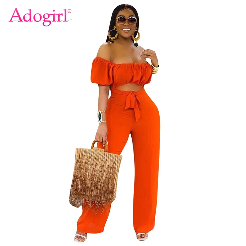 

Adogirl Solid Orange Women Jumpsuit Slash Neck Lantern Sleeve Off Shoulder Romper Hollow Out Backless Overalls Wide Leg Pants