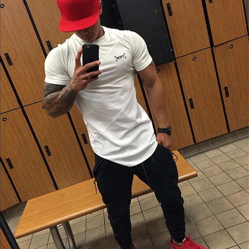 

New Brand Clothing Tight Cotton + Mesh T-shirt Mens Fitness T shirt Homme Gyms Tee Shirt Men Fitness Summer Bodybuilding Tshirt