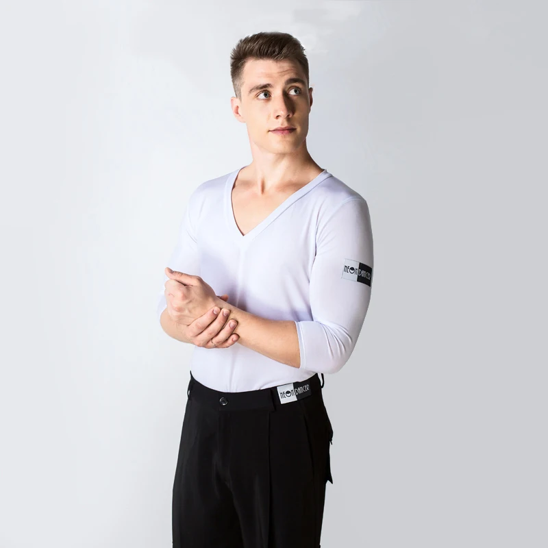 Men'S Latin Dance Tops Practice Clothes Crystal Cotton V-Neck Hem Front New Modern Dance Standard Ballroom Shirt BL2801