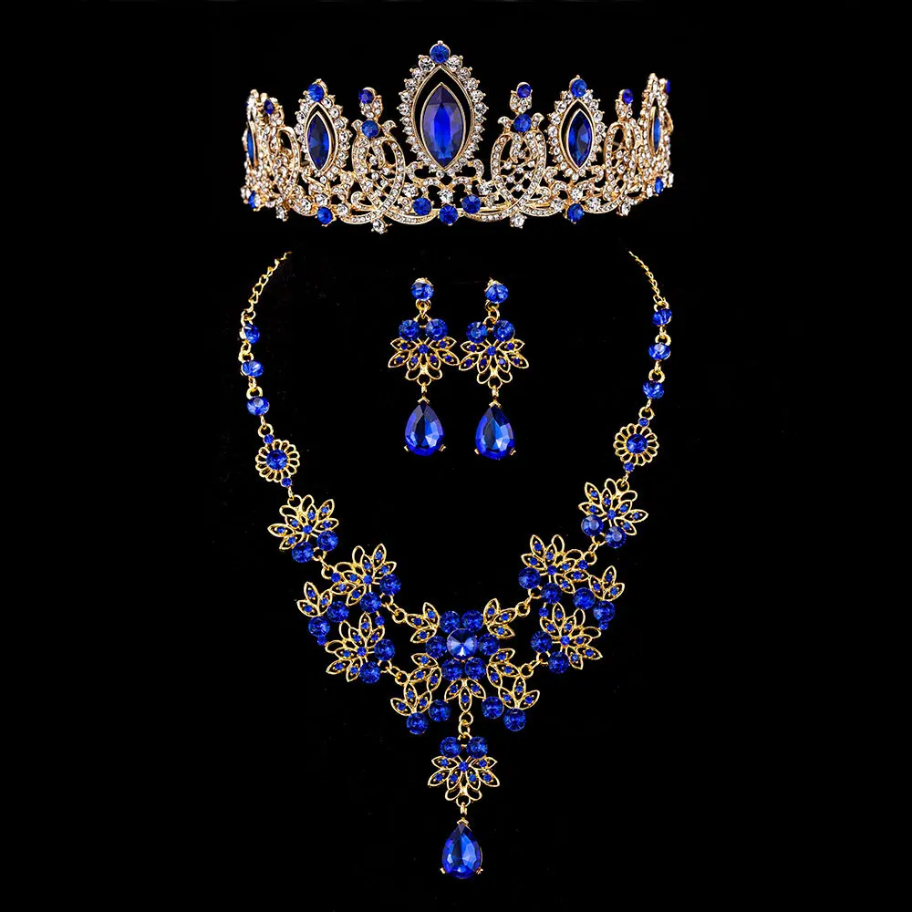 3PCS Set Blue KMVEXO, 3 шт., роскошные свадебные ювелирные наборы в виде капель с кристаллами, свадебные диадемы, серьги, ожерелье, набор, Африканский бисер, ювелирный набор - Окраска металла: 3PCS Set Blue