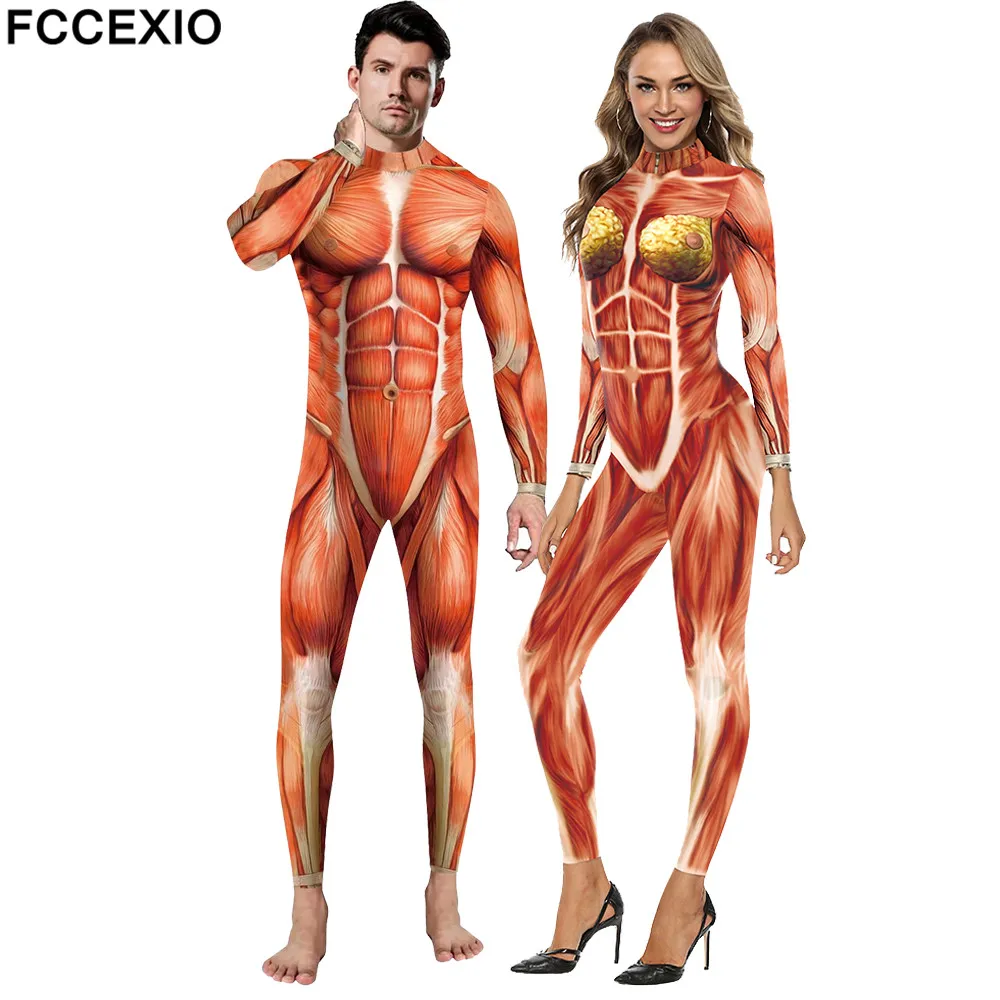 FCCEXIO Cosplay Halloween Bodysuits Green Muscle 3D Print Long Sleeve Women Clothing Sexy Skinny Elastic Jumpsuit Muscle Outfit