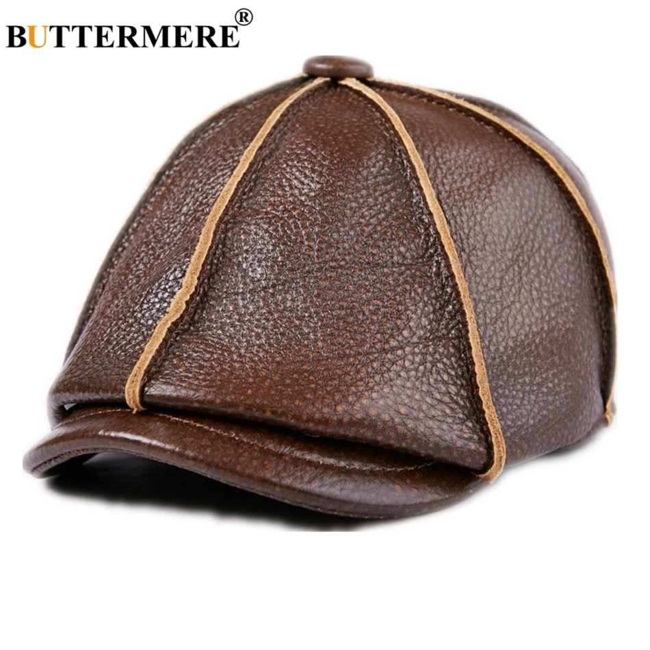 BUTTERMERE Beret Men Genuine Leather Newsboy Hat Earflaps Octagonal Cap