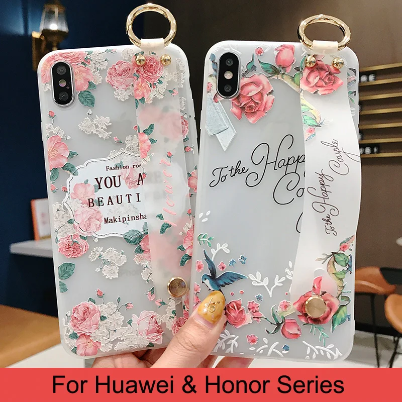 

Vintige Flower Rose Wrist Strap Soft Phone Case For Huawei Honor Mate 10 20 30 P10 P20 P30 Pro Lite Nova 5 5i 3 3i 3e 4 4e Cover