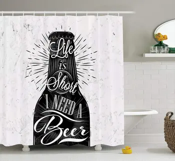 

Manly Decor Collection, Wine Glass in Retro Vintage Style Lettering Life is Short I Need a Beer Pattern, Polyester Fabric