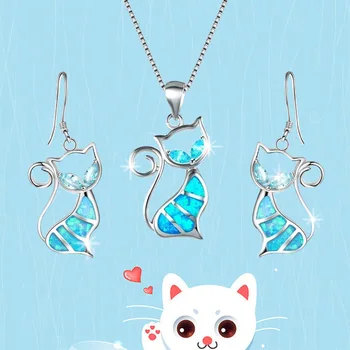 

FDLK Bohemian Style Zinc Alloy Blue Imitation Fire Opal Cat Pendant Necklace Earrings Women Fashion Wedding Animal Jewelry Set