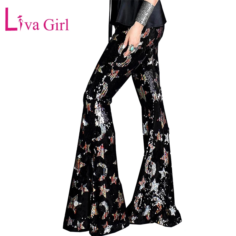 

LIVA GIRL Shining Stars and Moons Sequin Women Flare Pants Female Elastic High Waist Sequin Flares Glitter Bell Bottoms Trousers