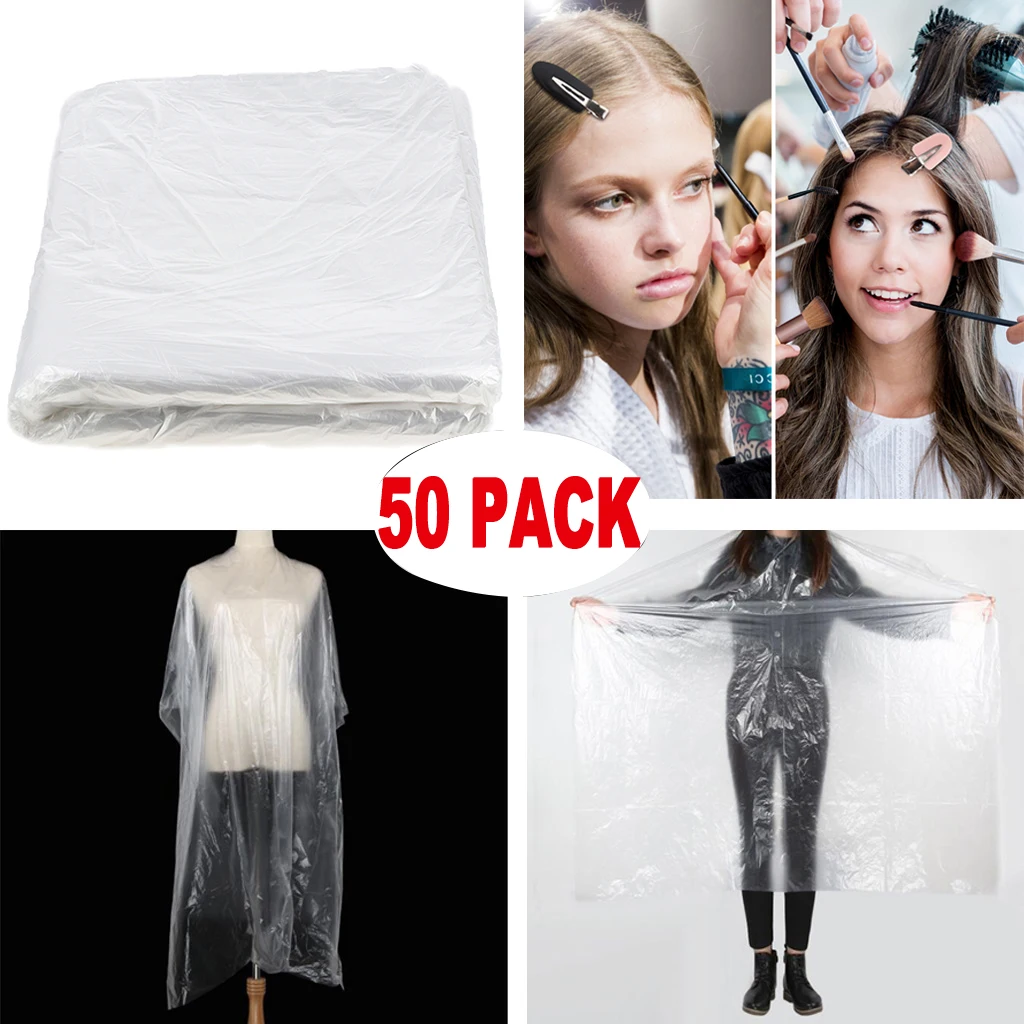 50x Disposable Haircut Capes Clear Barber Home Shawl Apron Cloth + 8x Hair Clips