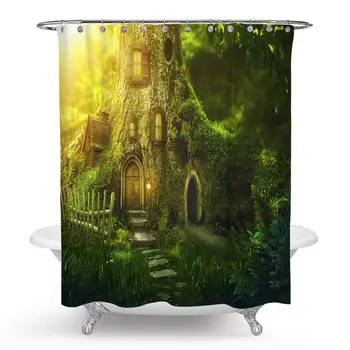 

Magical Forest Tree Shower Curtain, Magic Fairytale Woodland Forest Tree Montain Polyester Shower Curtain Set with Hooks for