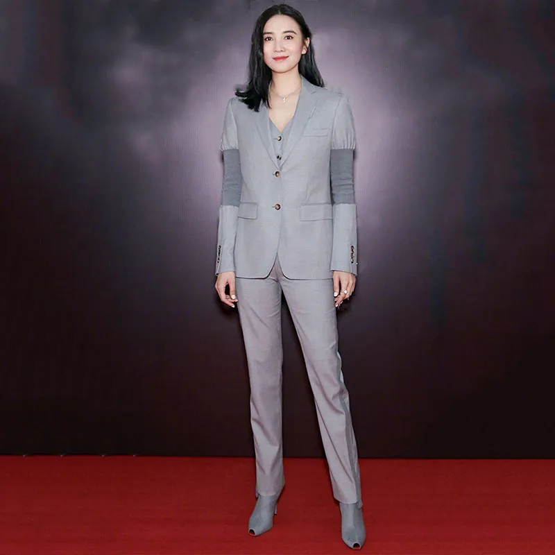 

2019 Spring Autumn Women Grey 3 Pieces Pants Sets Patchwork Sleeve Blazer + Vest + Long Pants Office Lady Work Suits Set Y383