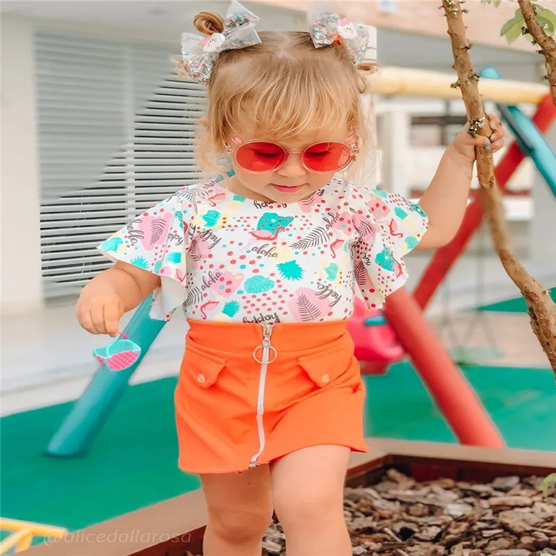 

1-6Y Kids Clothes Summer Set Animals Print T-Shirt Flare Sleeve Top + Zipper Orange Skirt Cute Girl 2Pcs Sets Children Clothing