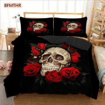 

Halloween Terror Skull Printed Bedding Linens Pillowcases Soft Comfortable King Double Red Comforter Bed Duvet Cover Set XHS0142