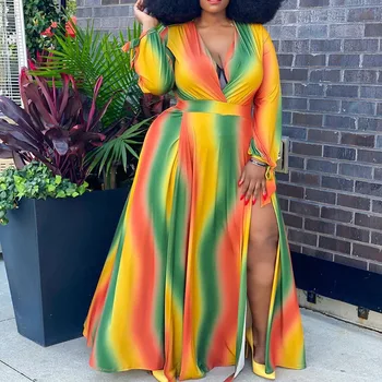 

5xl Plus Women Dress Sexy V Neck African Long Maxi Dresses Robe 2020 Autumn High Waist Lady Split Long Sleeve Femme Vestiods