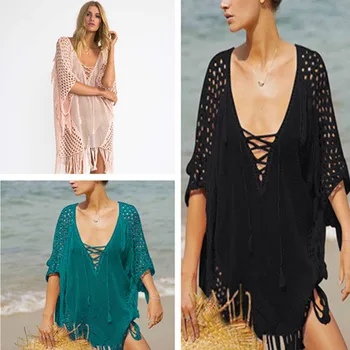 

2020 new female thin knitted shawl bikini blouse swimsuit cover hollow beach skirt sexy V-neck tassel beach casual shirt blouse