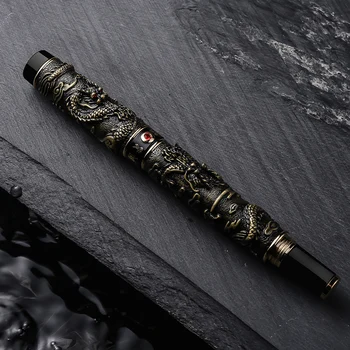 

Jinhao Vintage Luxurious Rollerball Pen Double Dragon Playing Pearl, Ancient Gray Metal Carving Embossing Heavy Pen Collection