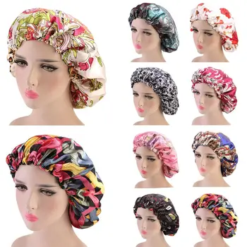 

New Women Satin Night Sleep Cap Hair Bonnet Hat Silk Head Cover Printed Elastic Band Headscarf Nightcap Beanie Hair Care Wrap