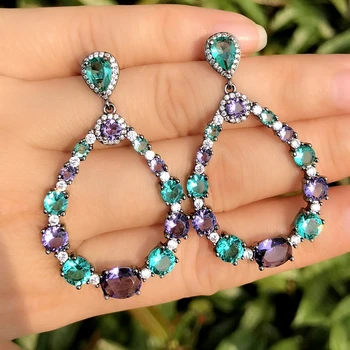 

2020 Fashion Big Dangle Earrings Green Crystal Glass Zirconia Stone Hollow Long Earrings Black Plated For Women Jewelry