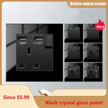 

Depoguye Black Glass UK Standard USB Wall Socket, Universal 5-hole Socket with Dual USB plug2.1A Charging Ports AC110V-250V