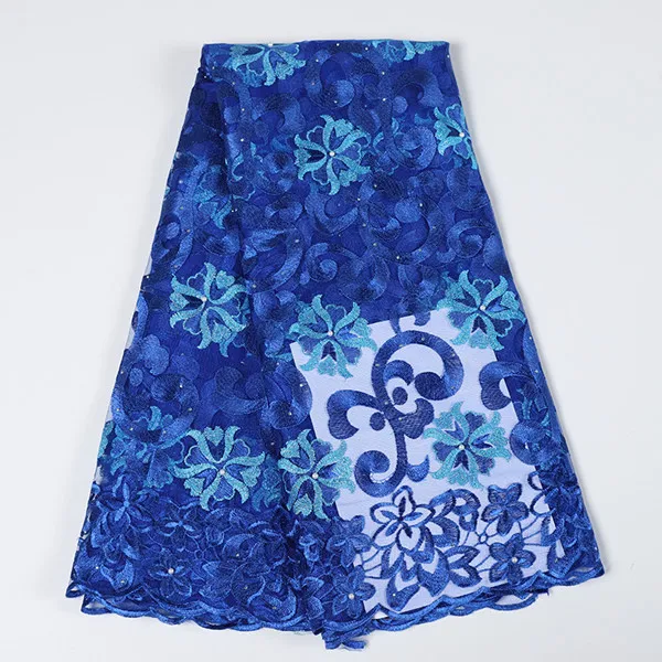 royal blue Гипюровая африканская кружевная ткань, бисерное свадебное платье, нигерийское кружево, Цветочная вышивка, шнур, кружевная ткань для вечерние платья - Цвет: royal blue
