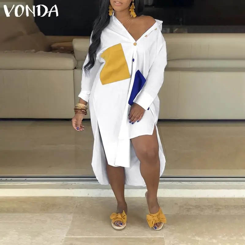 

VONDA Dress Patchwork Shirts 2020 Spring Summer Tops Casual Long Sleeve Lapel Neck Party Shirts Beach Dress Plus Size Blouse