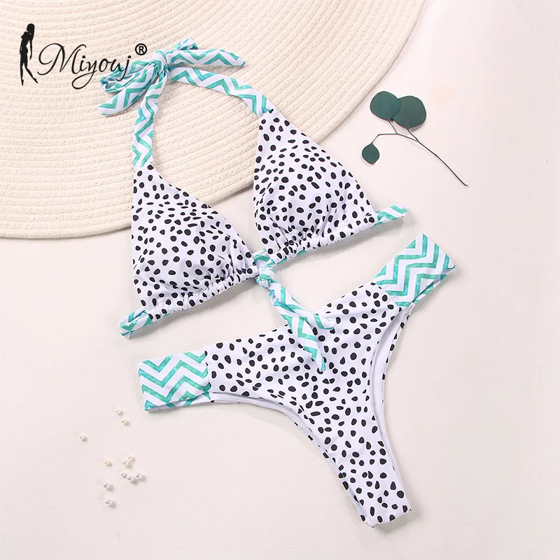 Miyouj Deep V Neck Bikini Floral Print Swimsuit Biquinis Feminino NEW Bow Swimwear Lace Up Bikini Set Bathing Suit Women Bikins blue bikini set