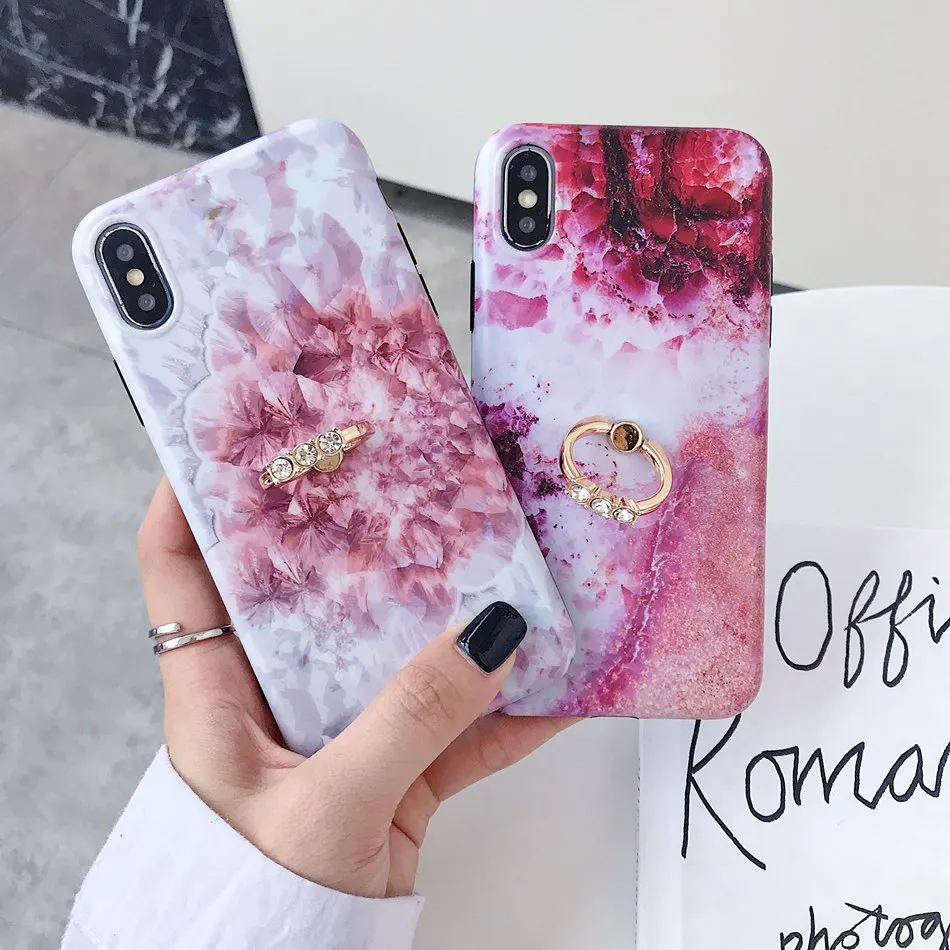 

For iPhone 7 Plus XR X XS Max Case Color Pattern With Diamond Ring Bracket Holder Cover For iPhone 8 6 6s Plus Soft TPU Coque
