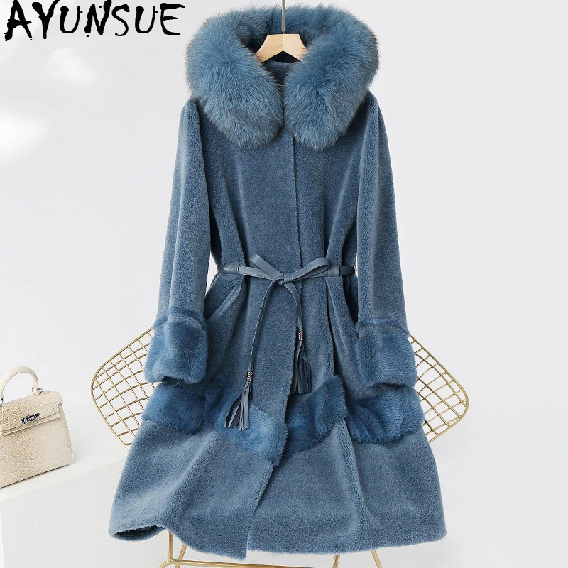 AYUNSUE Real Sheep Shearling Fur Coat Female Fox Collar 100% Wool Coats 2020 Winter Jacket Women Korean Long Jackets MY4064 | Женская