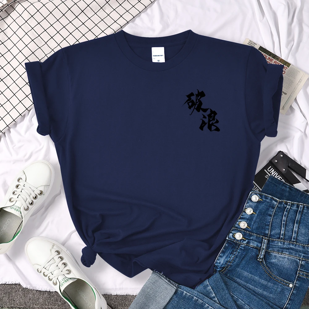 Black Chinese Characters Break The Waves Print Women T-shirt Street Soft T-shirt Sport S-XXXL Top Creative o-neck Woman Tshirt