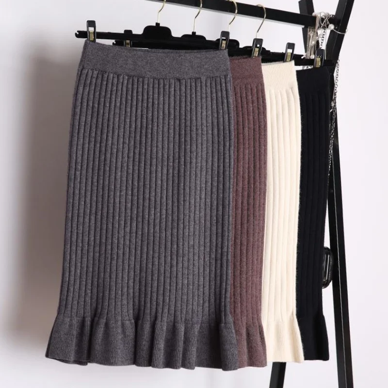 Женские хлопковые вязаные юбки 2019 Осень Зима повседневные эластичные стрейч