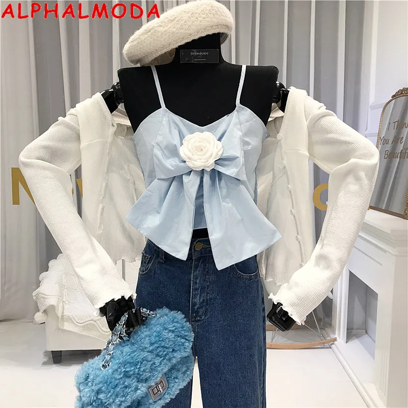 Женский укороченный топ ALPHALMODA с бантом коротким пупком цветочным принтом на