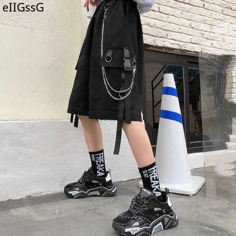 2021 Summer Women's Overalls Shorts Women Loose Straight Casual Shorts Fashion Stretch Waist Handsome Black Knee-length Shorts