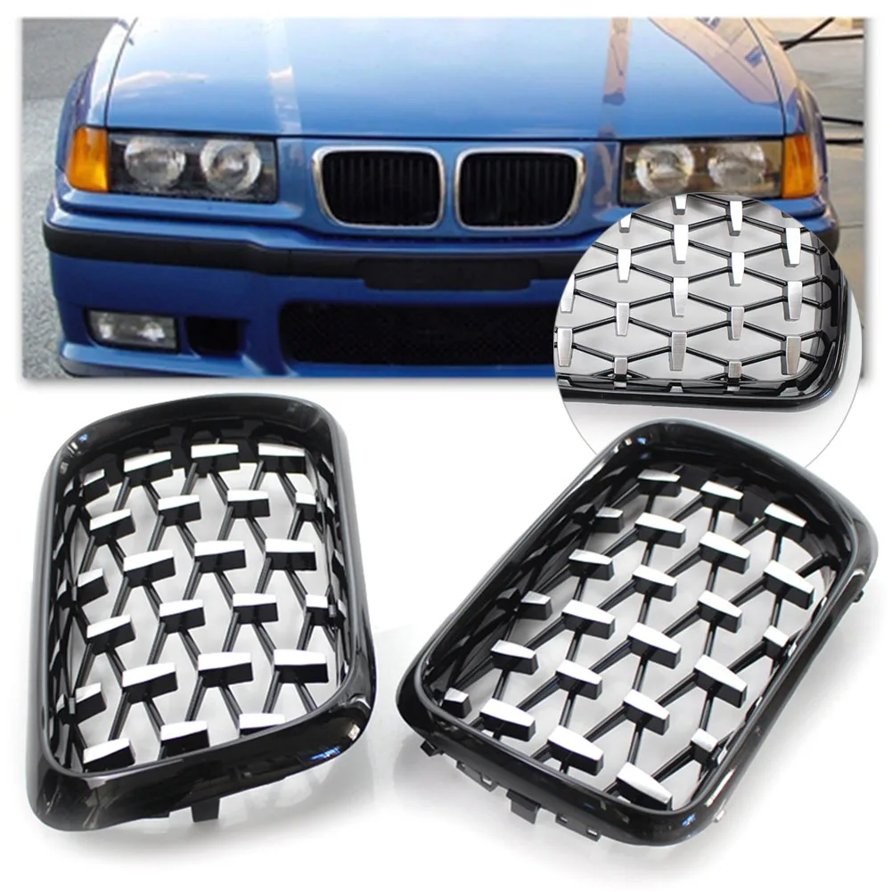 

2Pcs Car Front Kidney Grill Latest Style Shiny Black Frame Diamond For BMW E36 M3 3 Series 1997 1998 1999