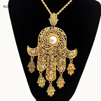 

New Arrival Gold Fatima Hand Pendent Tassels Necklace Pendent with Crystals Lucky Jewelries for Women