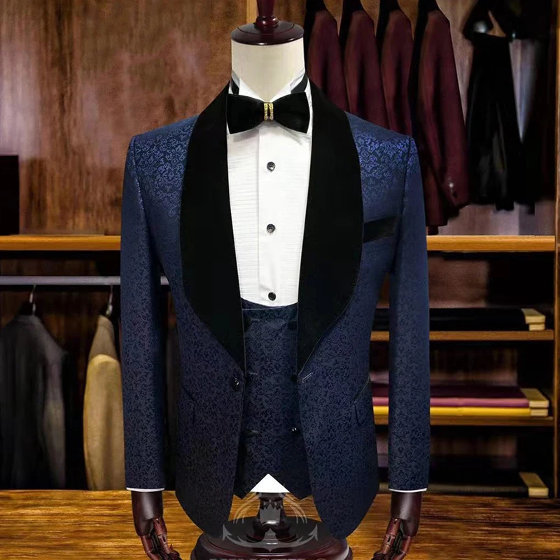 Euro size French style Men's Suits slim fit Party Casual print Men Wedding Suits white Tuxedo Made 3 Piece Suits set - Цвет: Тёмно-синий