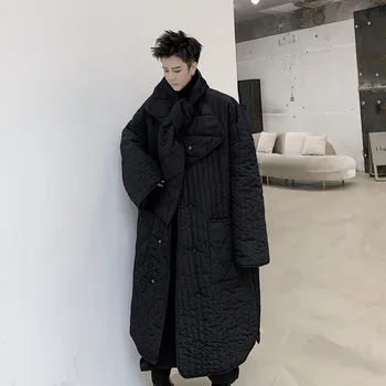

Men Include Scarf Thin Cotton Padded Long Coat Outerwear Male Casual Loose Japan Streetwear Parkas Jacket Overcoat