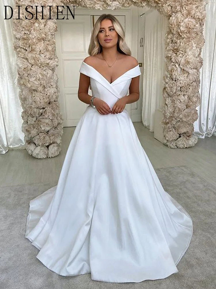 DISHIEN Simple Elegant Off The shoulder White Satin A-Line Wedding Dresses Cheap Pleared Button Bridal Gowns | Свадьбы и торжества